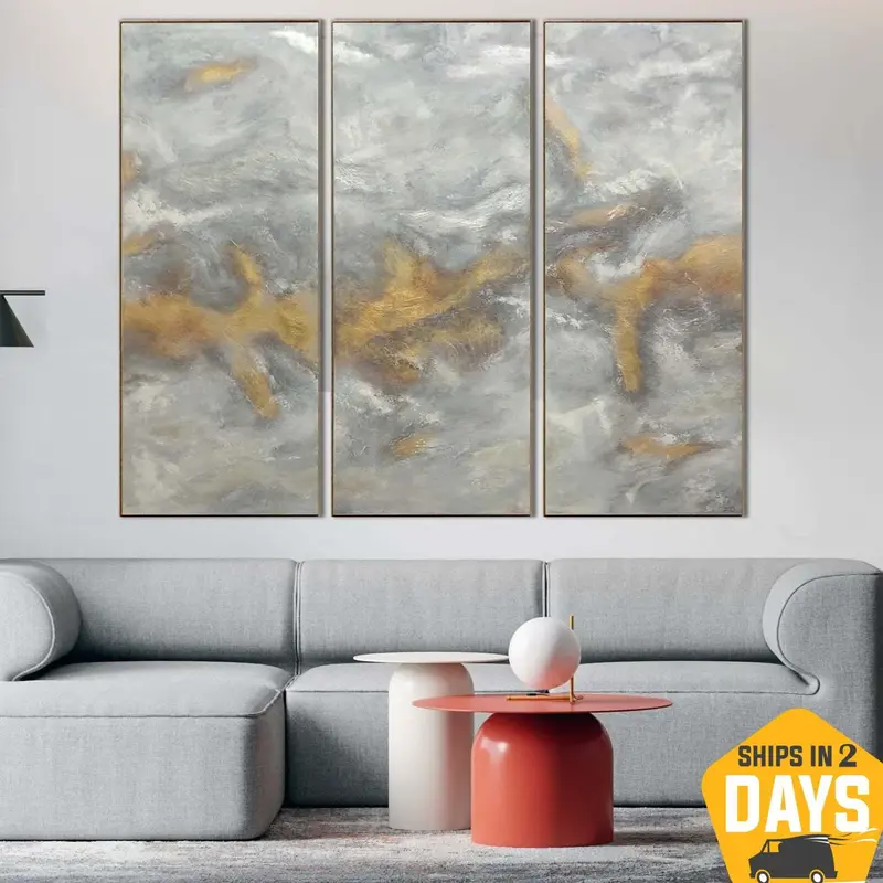 Extra Large White Paintings On Canvas Triptych Paintings Modern Gold Leaf Art Original Textured Painting | GOLDEN FOG 3P 80&q...