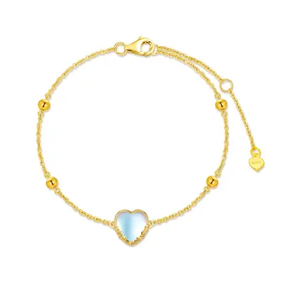 14K Gold Heart Moonstone Charm Bracelet For Women