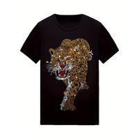 Men's summer casual crew neck black cotton T-shirt with sequined tiger pattern, fun T-shirt, stylish and casual, comfortable ...