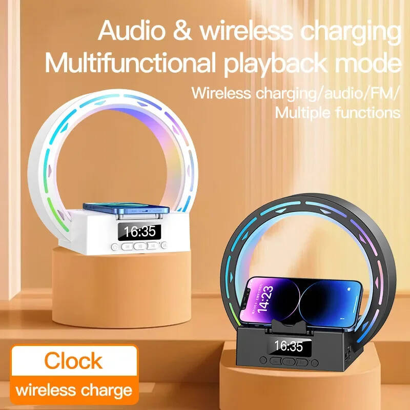 4-in-1 Wireless Charger, Bluetooth Speaker, Charging Pad, Bedside Lamp with Alarm Clock and Wake-Up Light, Supports USB Drive...
