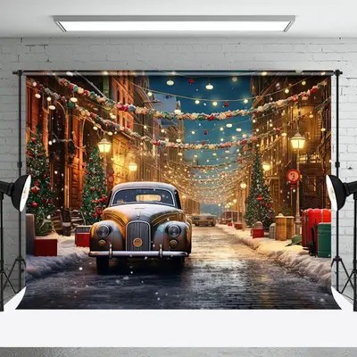 Aperturee Snowy Winter Street Car Festive Christmas Backdrop