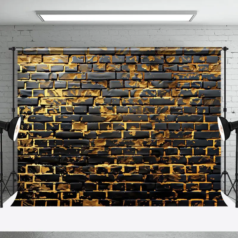 Modern Black Golden Brick Wall Photography Backdrop - Aperturee