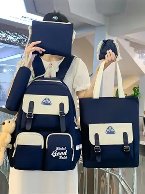 Fall New Preppy Colorblock Letter Print Buckle Backpack, Pocket Shoulder Bag, Square Bag, Clutch, Drawstring Purse, with Char...