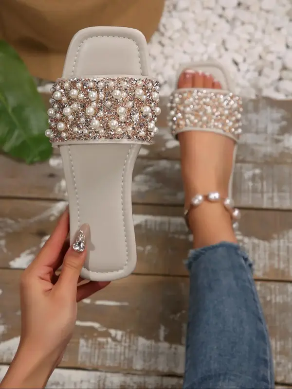 Fashionable Rhinestone & Faux Pearl Decorated Slide Sandals, Elegant Square Toe Flat Sandals for Women, Casual Versatile Slid...