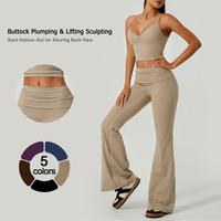 TimeOFF Women's 2-Piece Deep V Crop Cami & Flared Pants Set | Back Hollow-Out, Butt-Lifting Sculpting | Yoga Gym Casual Wear