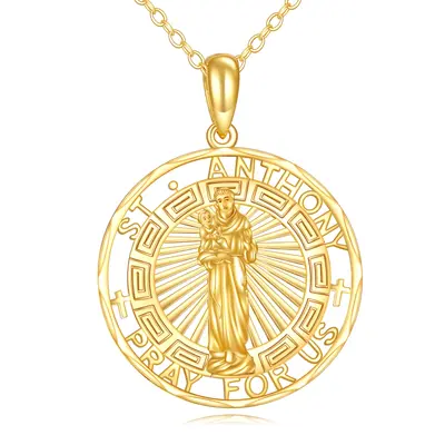 14K Gold St. Anthony Pendant Necklace with Engraved Word