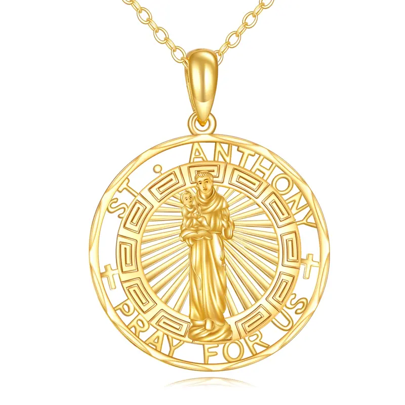 14K Gold St. Anthony Pendant Necklace with Engraved Word