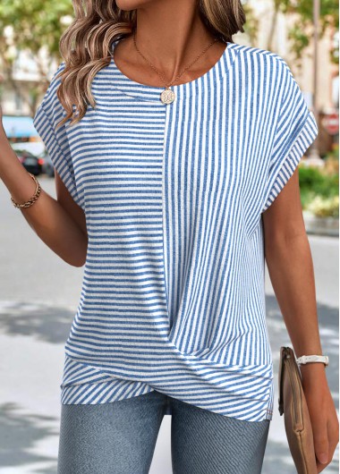 Modlily Light Blue Cross Hem Striped Short Sleeve T Shirt - XL