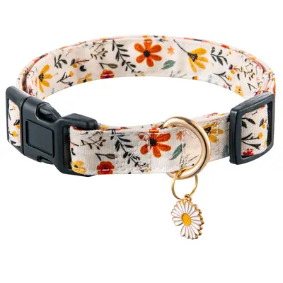 Cute Dog Collars Beige Flower Patterns for Boys and Girls Holiday Dog Collars Summer Fall Gift Adjustable for Medium to Large...
