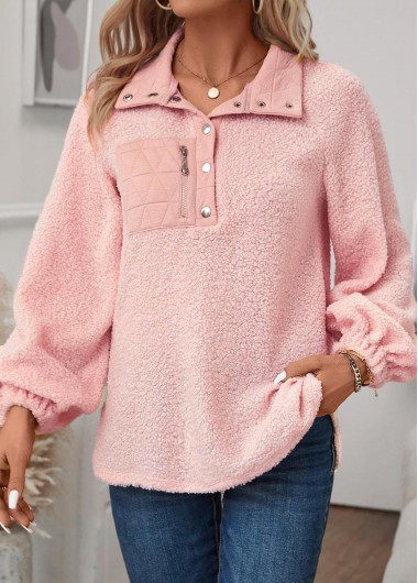 Modlily Light Pink Jacquard Long Sleeve Turn Down Collar Sweatshirt - XXL