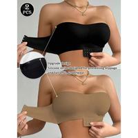 2pcs/Set Front Closure Solid Color One-Shoulder Padded Seamless Comfortable Bras For Women, Wireless Bra Strapless Womenswear...