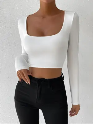 Women's Chic Square Neck Comfort Short Crop Tee, Elegant Casual Slim-fitting Long Sleeve T-shirt, Ladies Top for Spring & Fa...