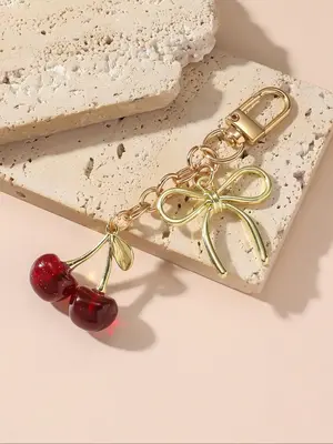 Women's Cute Cherry & Bowknot Design Keychain, Fashionable Fruit Design Keychain for Women & Girls, Trendy All-match Keychain...