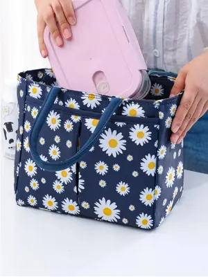 Cute Daisy Print Lunch Bag, Basic Large Capacity Lunch Bag for Women & Men, Durable Simple Zipper Lunch Bag for Office Schoo...