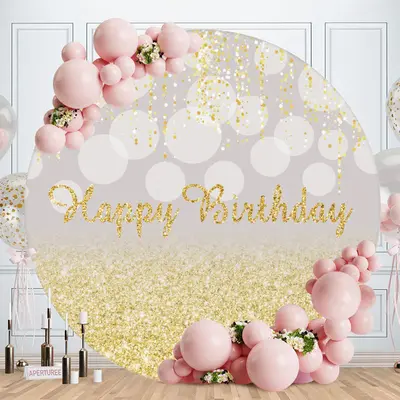 Aperturee Yellow Glitter Sequins Happy Birthday Round Backdrops