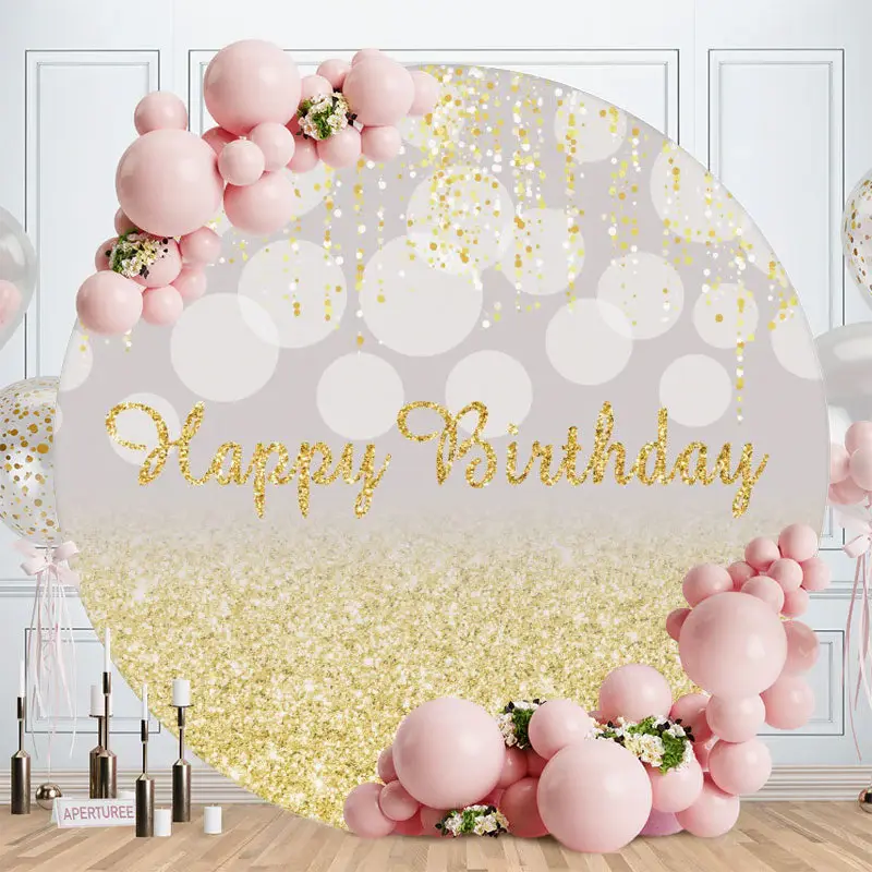 Aperturee Yellow Glitter Sequins Happy Birthday Round Backdrops