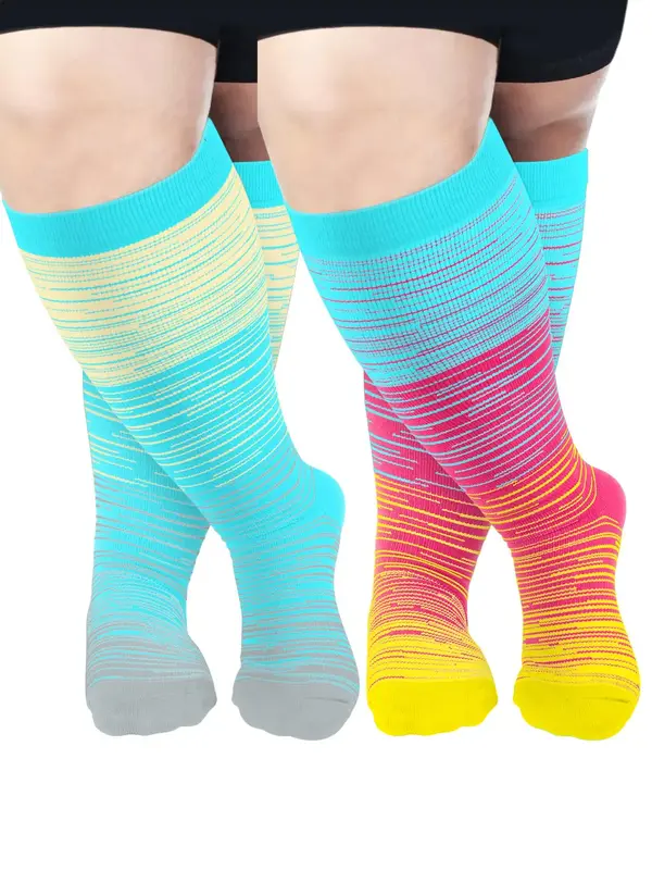 Plus Size 2 Pairs Striped Print Compression Over The Knee Socks, Athletic Running Socks, Soft Comfy Breathable Sports Socks f...