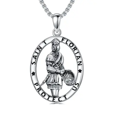 Sterling Silver Retro Saint Florian Pendant Necklace with Engraved Word