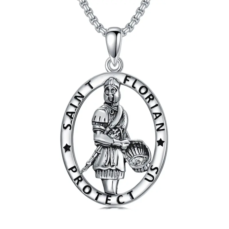 Sterling Silver Retro Saint Florian Pendant Necklace with Engraved Word