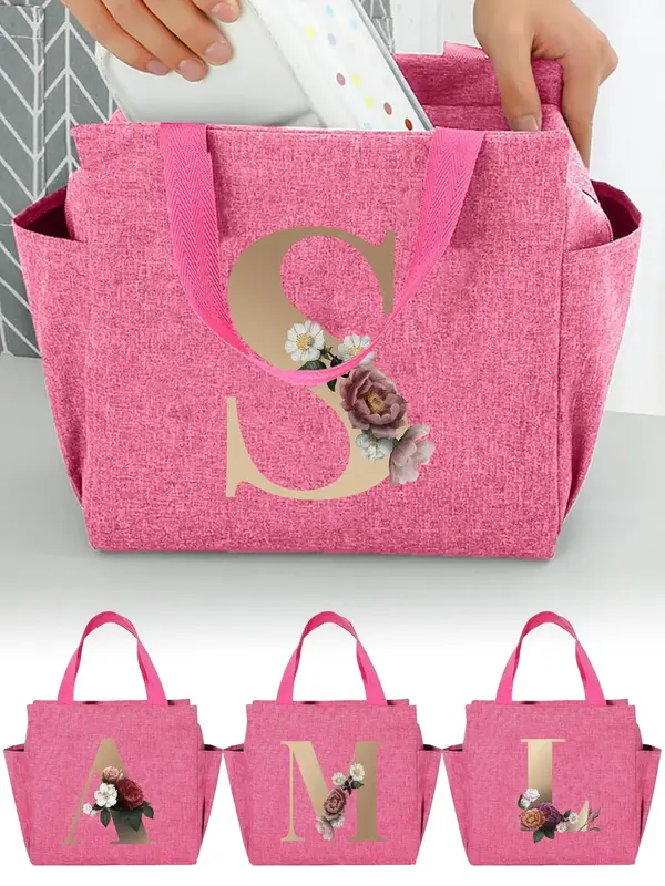 Letter Floral Pattern Canvas Handbag, Portable Lunch Bag for Travel Commuting Work Or Outdoor Adventures, Fall Outfit、Fall ...