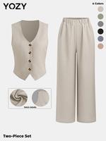 Two-Piece Set YOZY Women's Solid Button Front Vest & Elastic Waist Pants Set, Casual V Neck Sleeveless Top & Wide Leg Trouser...