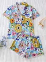 Women's Floral Print Lapel Neck Button Front Shirt & Elastic Waist Shorts Pyjama Two-piece Set, Casual Comfy Short Sleeve Poc...