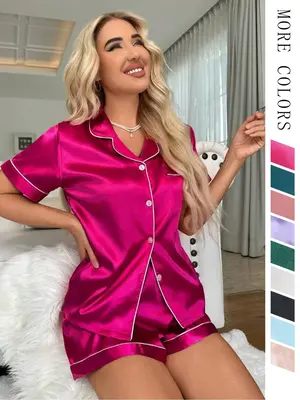 Two-Piece Set Women's Satin Pyjama Set, Casual Short Sleeve Button Front Shirt & Bow Decor Elastic Waist Shorts, Summer Outf...