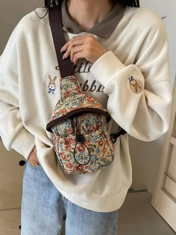 Women's Random Floral Patern Fanny Pack, Fashionable Drawstring Design Sling Bag for Daily Used, Casual Trendy Versatile High...
