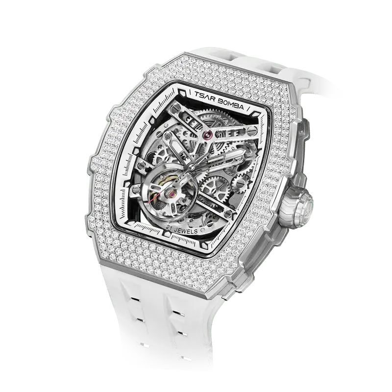 TSAR BOMBA Men's Automatic Watch | White | Elemental TB8208D | High-Tech Ceramic Bezel | Japanese Mechanical Skeleton Movemen...