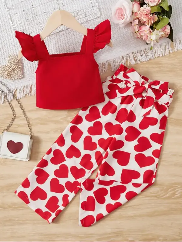 Toddler Girl's Plain Butterfly Sleeve Shirred Back Crop Blouse & Heart Print Paper Bag Waist Pants Set, Elegant Casual Cap Sl...