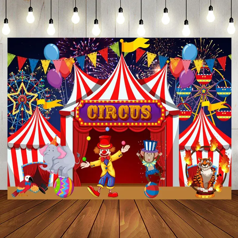 Red Circus Clowns Animals Balloon Birthday Backdrop - Aperturee