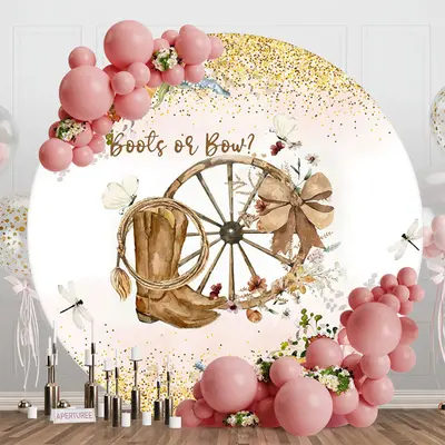 Aperturee Gold Glitter Boho Floral Boots Or Bow Round Backdrop, Diameter 5Ft/1.5M, 49 USD, round baby shower backdrops, RZH0F...