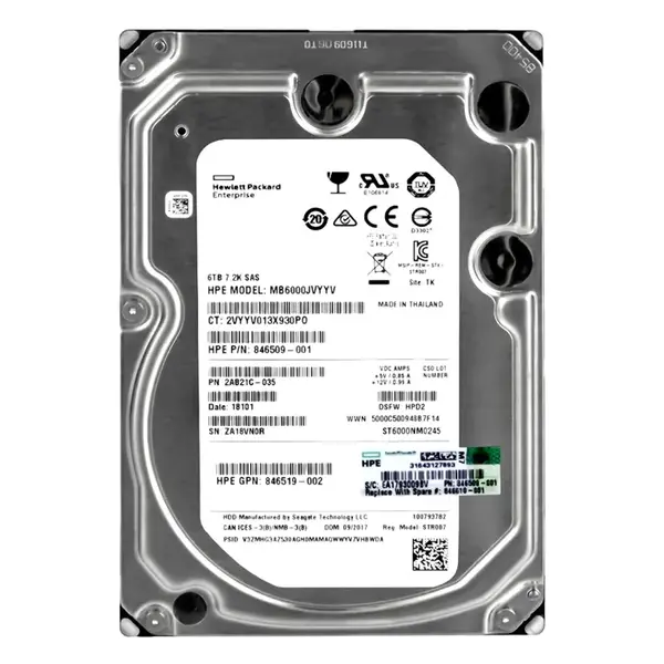 846509-001 HP 6TB 7200RPM SAS 12GB/s Hot-Pluggable 3.5-Inch LPc Hard Drive for ProLiant Gen10/Gen10+/Gen11 Servers