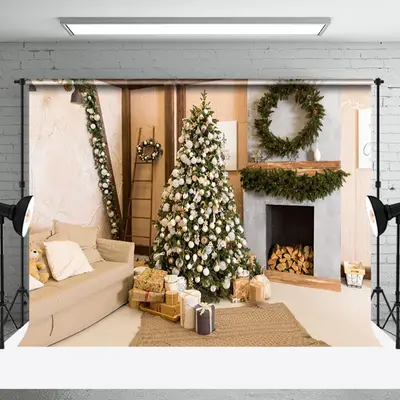 Aperturee Simple Style Room Wreath Sofa Fireplace Xmas Backdrop