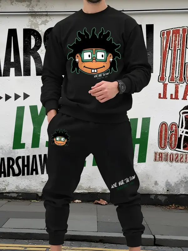 Two-piece Set Men's Cartoon Print  Sweatshirts & Pocket Sweatpants, Regular Fit Casual Round Neck Long Sleeve Pullover & Jogg...