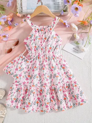 Girl's Floral Print Dress with Crossbody Bag, Casual Sleeveless Dress for Summer, Kids Clothes for Daily Wear