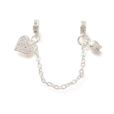 Brass Clear Cubic Zirconia European Safety Chains with Heart & Rose Charms