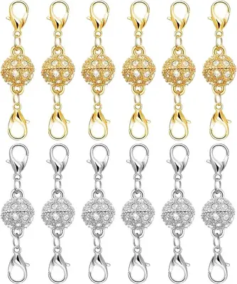 Magnetic Necklace Clasps 14K Gold Silver Lobster Clasp 12Pcs Jewelry Extender Easy Use Rustproof Closures for Necklaces Brace...