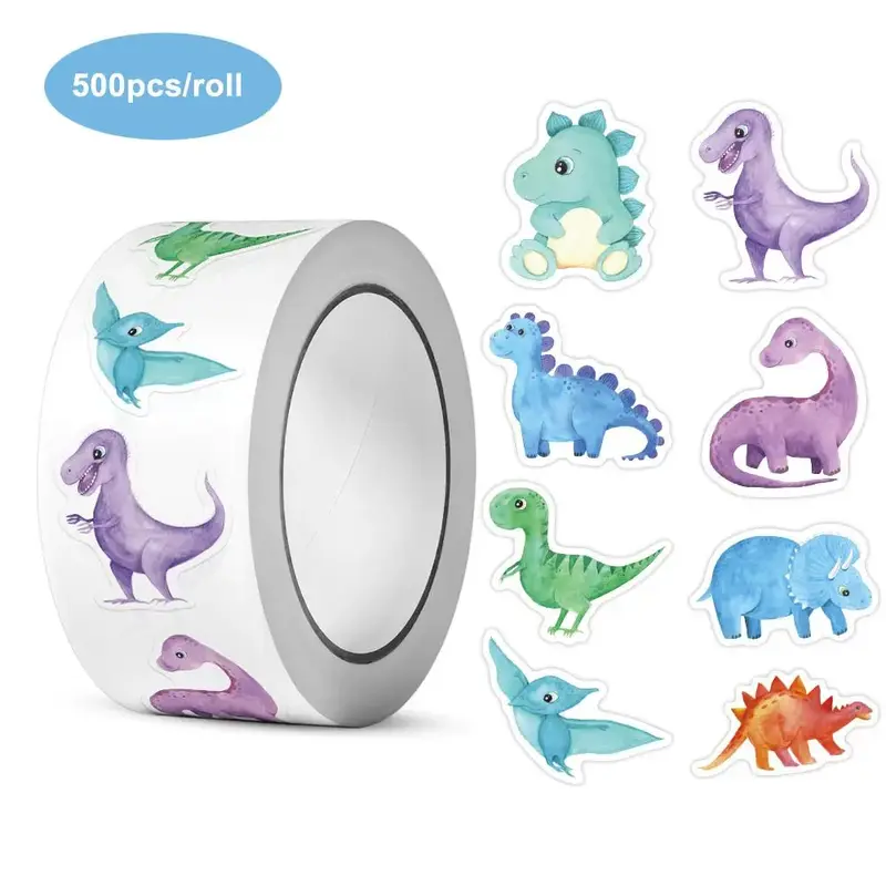 Cartoon Dinosaur Pattern Sticker (500pcs/roll), Self Adhesive Decor Sticker for Gift Greeting Card Water Bottle Laptop Phone ...