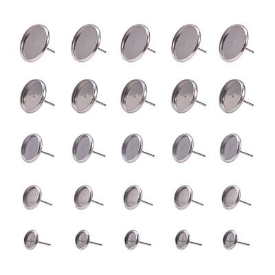 60pcs 5 Size(6mm/8mm/10mm/12mm/14mm) Flat Round Stainless Steel Stud Earring Components For DIY Jewelry Making