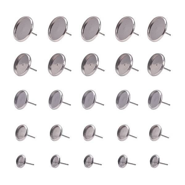 60pcs 5 Size(6mm/8mm/10mm/12mm/14mm) Flat Round Stainless Steel Stud Earring Components For DIY Jewelry Making