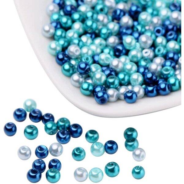400pcs 4mm Carribean Blue Mix Pearlized Round Glass Pearl Beads with 1mm Hole for Bracelet Necklace Jewelry Making