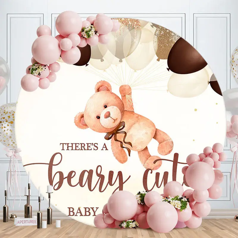 Aperturee Balloons And Bear Round Baby Shower Backdrop