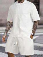 Two-piece Set Men's Textured Drawstring Waist Shorts Set, Fitted Streetwear Stripe Texture Crew Neck Short Sleeve T-shirt & P...