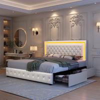 Queen Size LED Bed Frame with Adjustable Headboard, Smart Control RGBW Lights, 4 Storage Drawers, Upholstered, No Box Spring ...