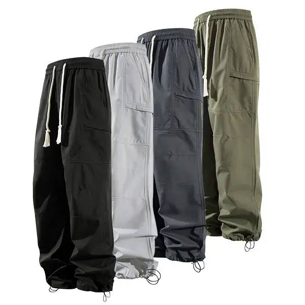 Men's Loose Solid Pocket Drawstring Waist Cargo Pants, Casual Comfy Zipper Cargo Pants for Daily Outdoor Wear, Baggy Trousers...