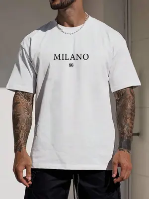 Men's Letter Print Drop Shoulder Sleep Tee, Casual Short Sleeve Round Neck Sleep Top for Daily Home Wear, Sleepwear Loungewea...