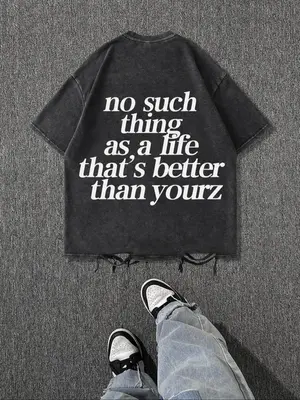 Men's Letter Print Raw Hem Short Sleeve Tee, Regular Fit Casual Fashion Round Neck T-shirt for Summer, Men's Top for Daily We...