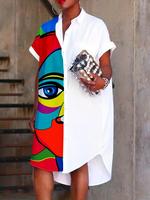 Women's Cartoon Face Print Curved Hem Shirt Dress, Casual Batwing Sleeve Knee Length Dress for Summer, Ladies Clothes for Hol...
