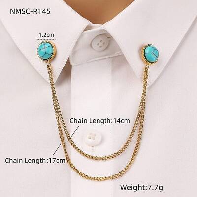 304 Stainless Steel Pave Dyed Synthetic Turquoise Hanging Chain Brooch